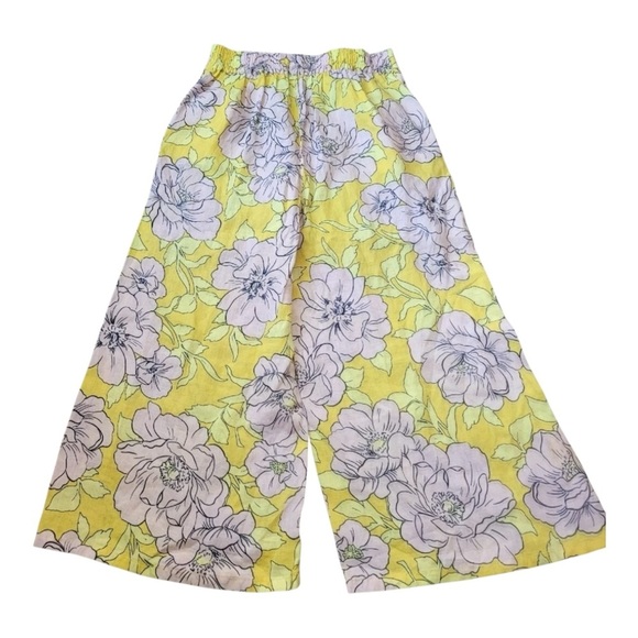 C & C Women's Capri Pants Wide Leg 100% Linen Floral Yellow Pink White Size L - Picture 1 of 4
